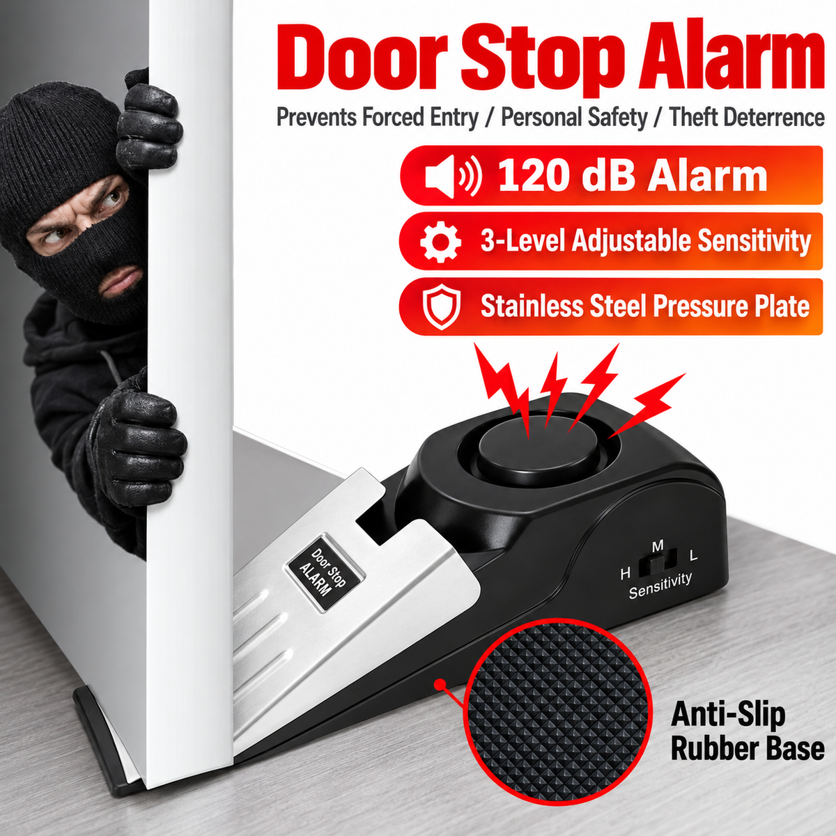 120 dB Adjustable Sensitivity Door Stop Alarm