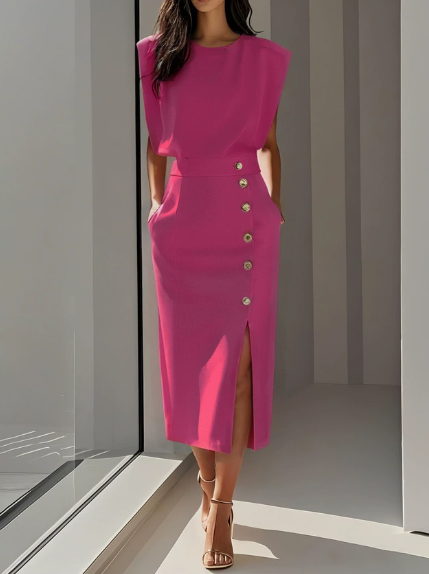 Elegant Padded Shoulder Midi Dress