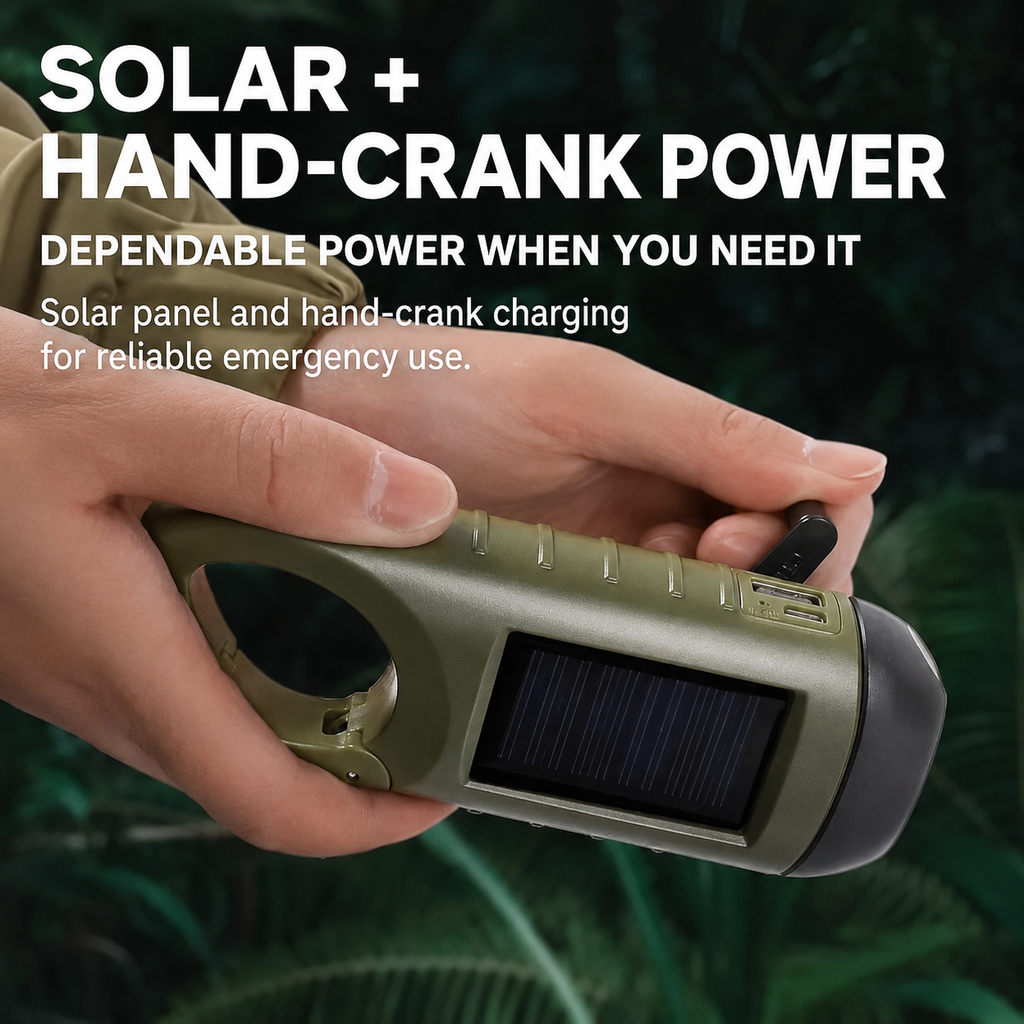 Emergency Solar Hand-Crank Flashlight with Power Bank