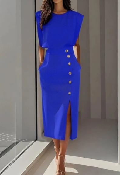 Elegant Padded Shoulder Midi Dress