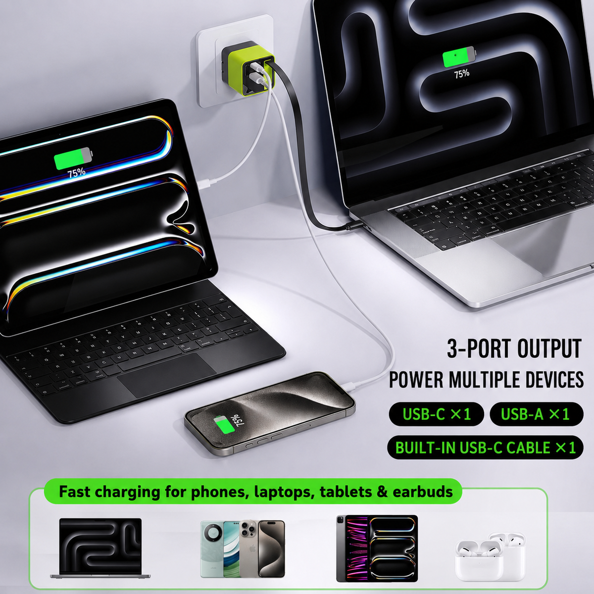 3-Port Retractable Fast Charger