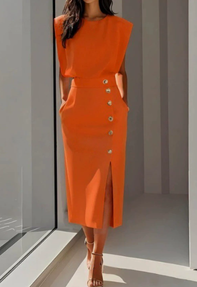 Elegant Padded Shoulder Midi Dress