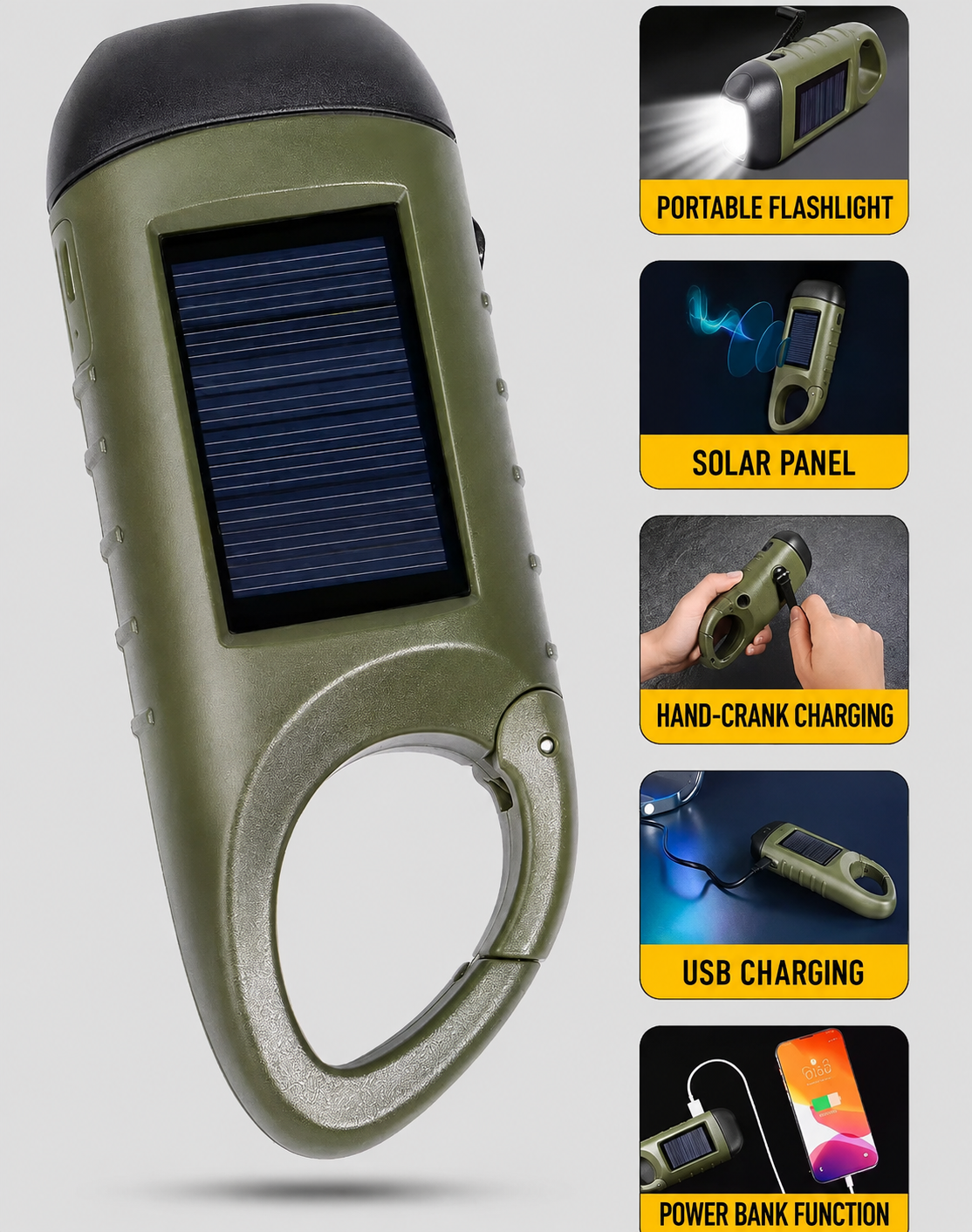 Emergency Solar Hand-Crank Flashlight with Power Bank