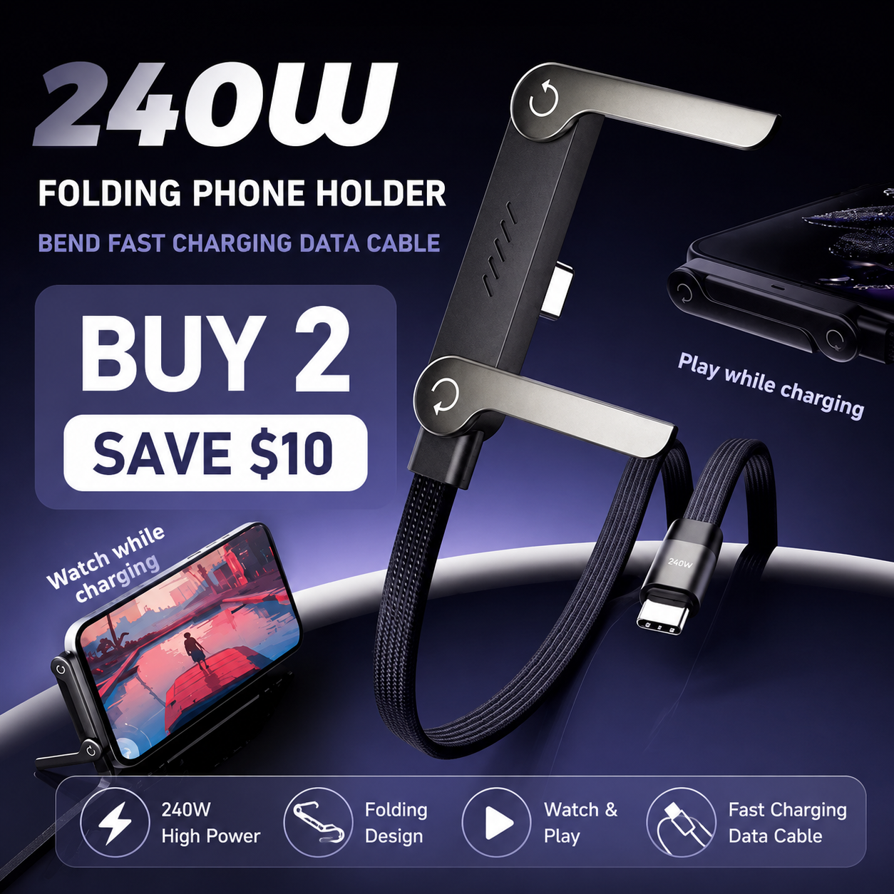 Fast-charging phone mount and data cable
