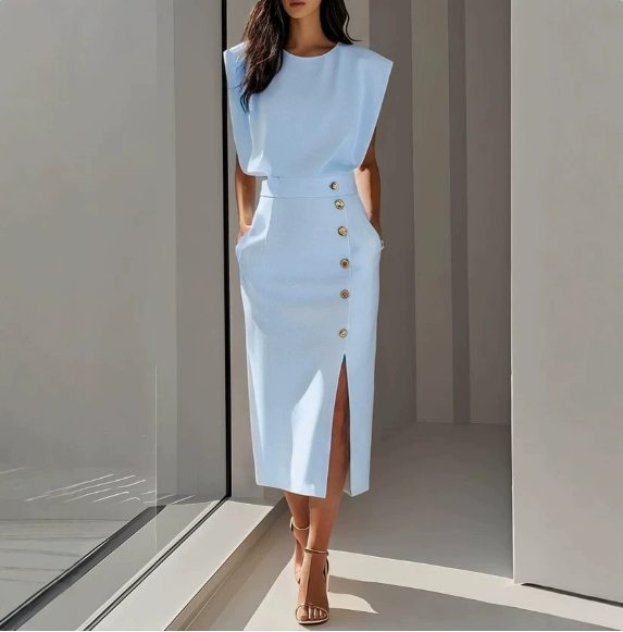 Elegant Padded Shoulder Midi Dress