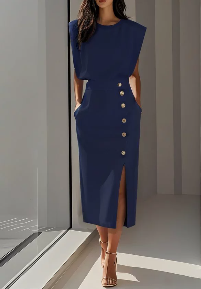 Elegant Padded Shoulder Midi Dress