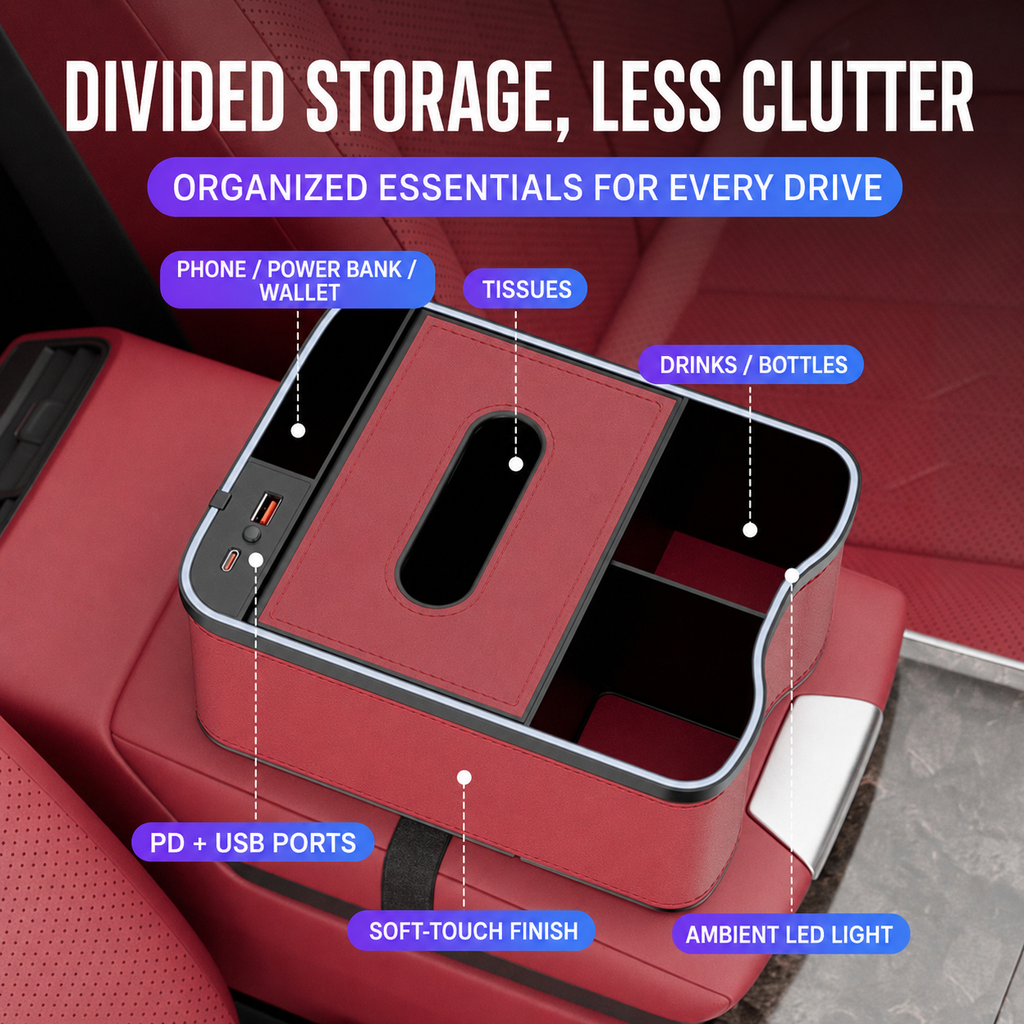 Universal Car Center Console Storage Box with LED Light
