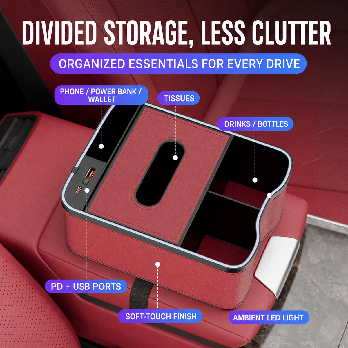 Universal Car Center Console Storage Box with LED Light