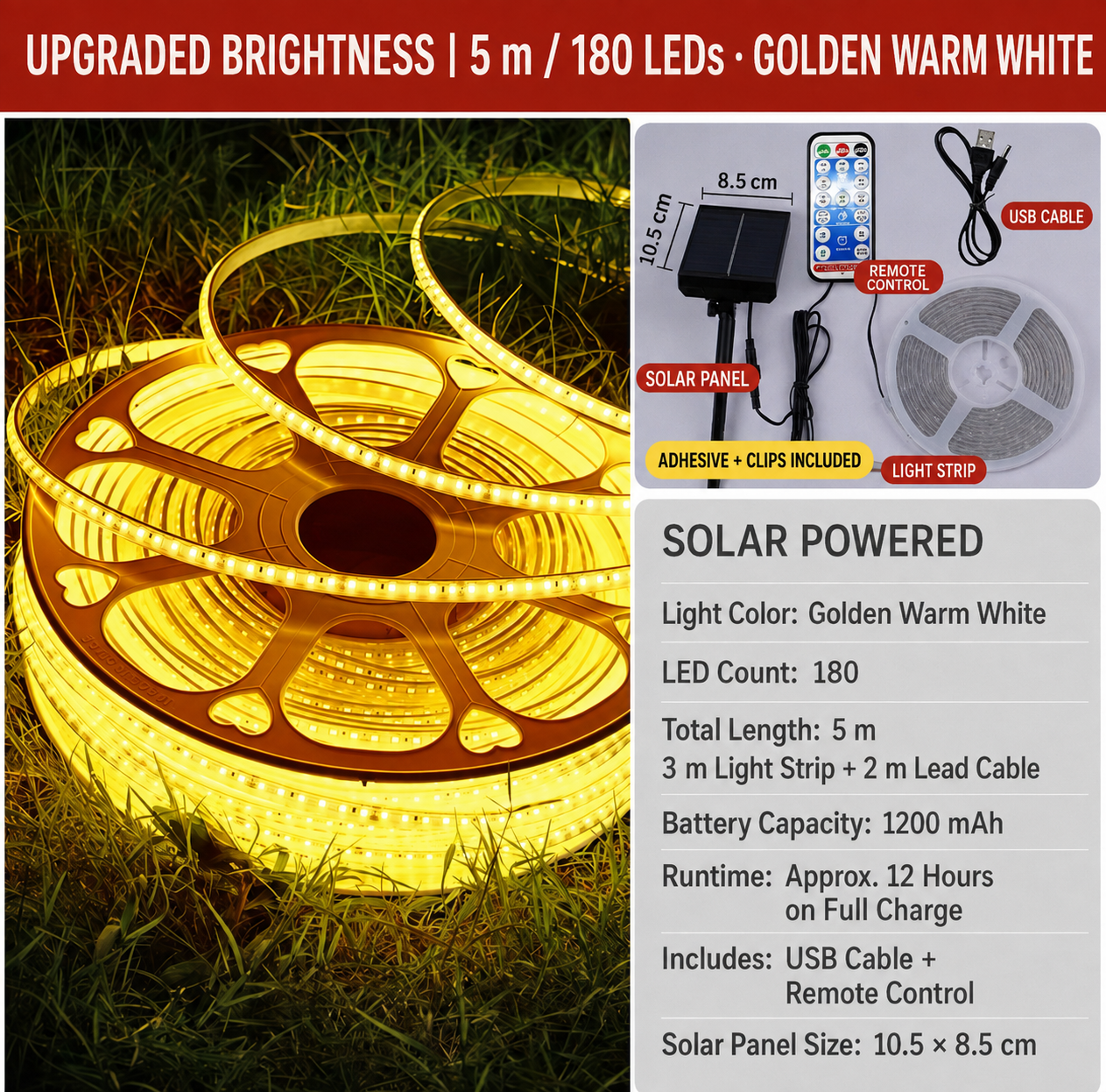 Solar Powered Outdoor LED Light Strip
