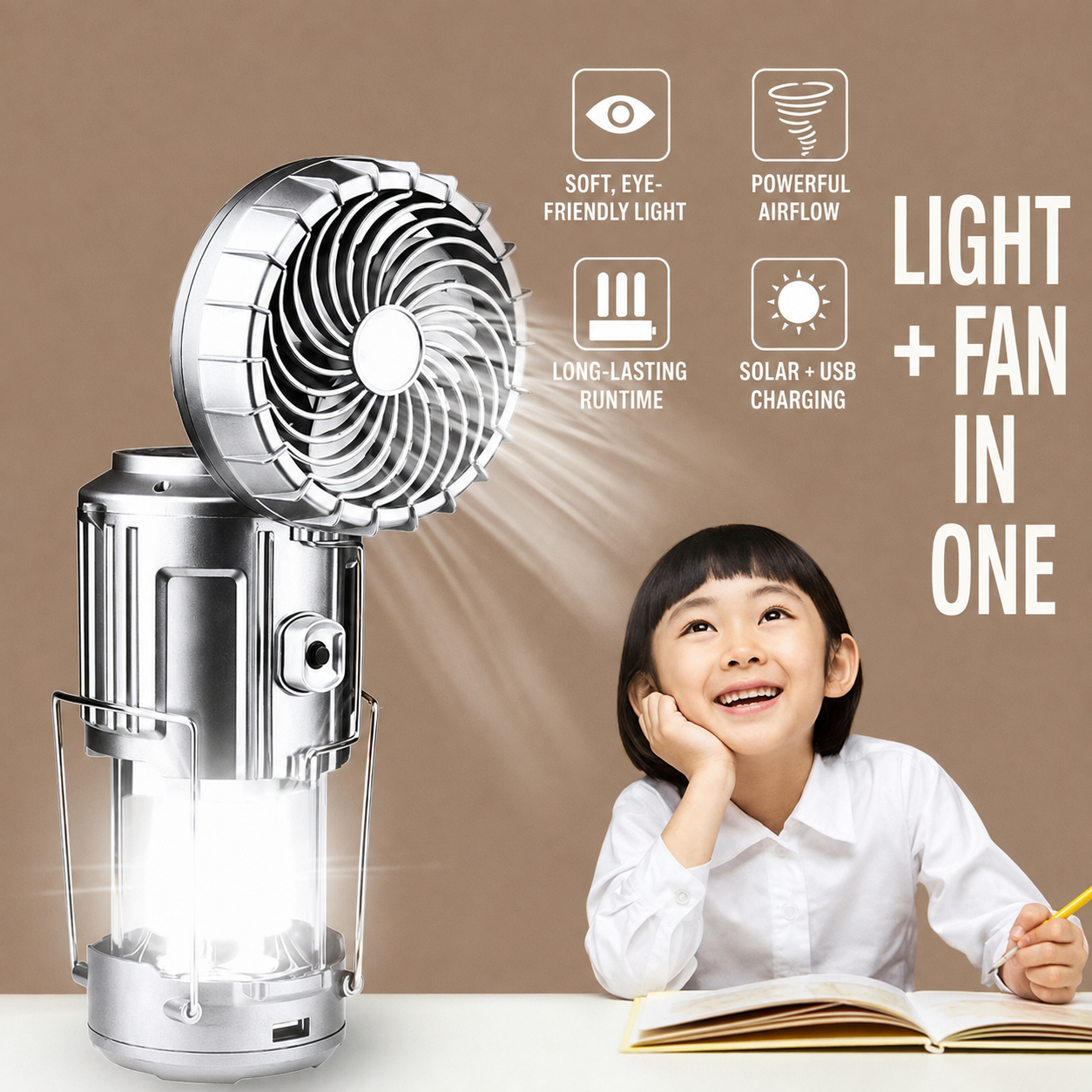 3-in-1 Solar Rechargeable Camping Fan & LED Lantern