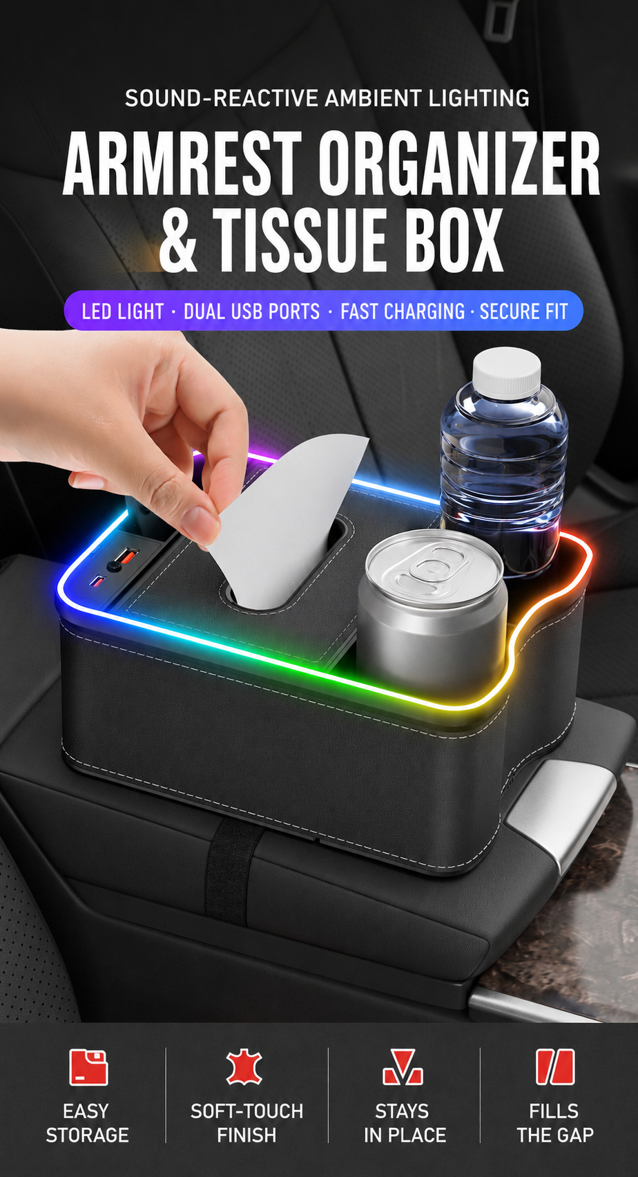 Universal Car Center Console Storage Box with LED Light