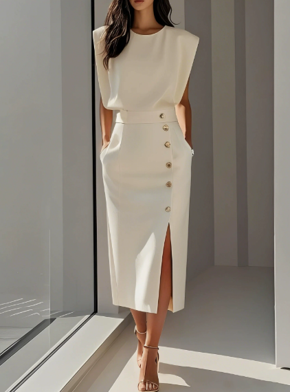 Elegant Padded Shoulder Midi Dress
