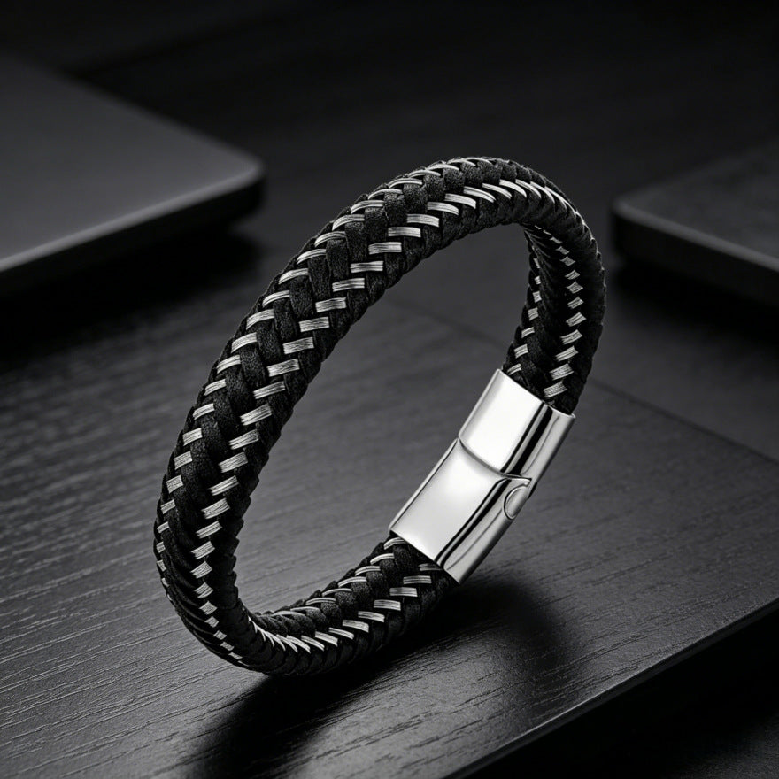 Men’s Braided Leather Bracelet – Minimalist Gold Accent Cuff, Luxury Street Style Jewelry