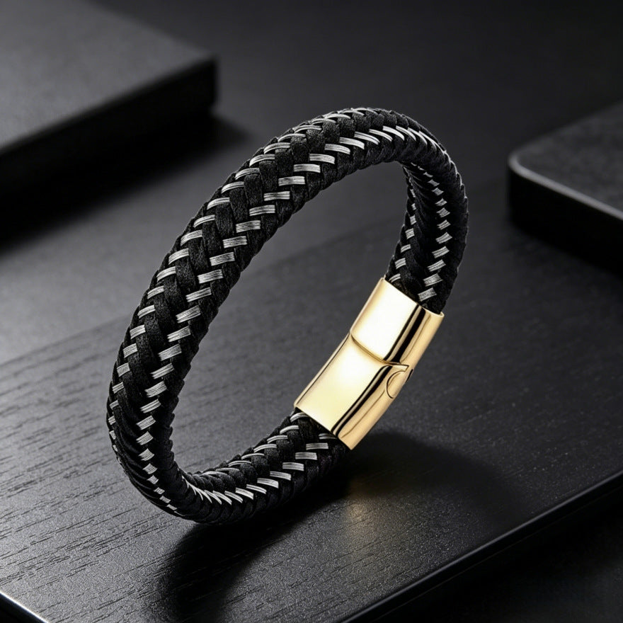 Men’s Braided Leather Bracelet – Minimalist Gold Accent Cuff, Luxury Street Style Jewelry