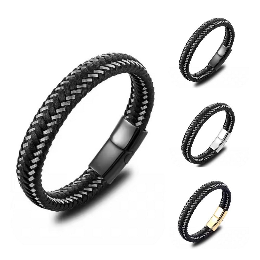 Men’s Braided Leather Bracelet – Minimalist Gold Accent Cuff, Luxury Street Style Jewelry
