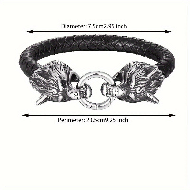 Viking Wolf Head Leather Cord Bracele