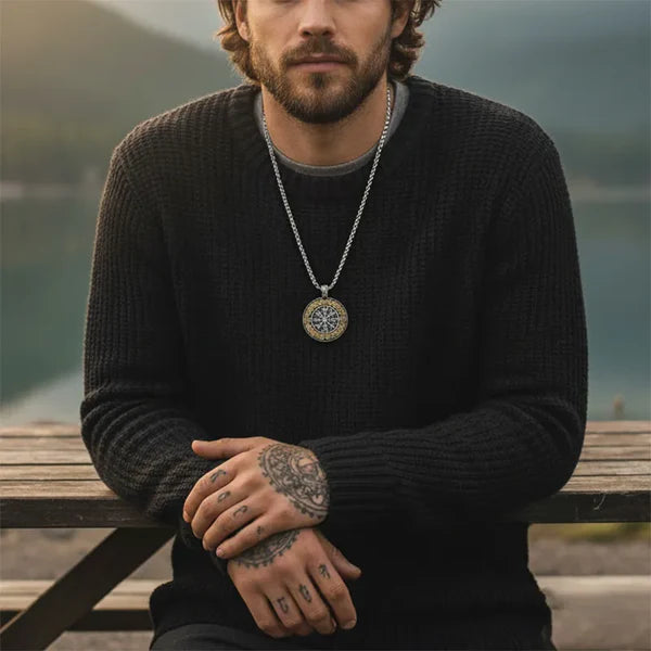 Viking Round Compass Stainless Steel Pendant Necklace