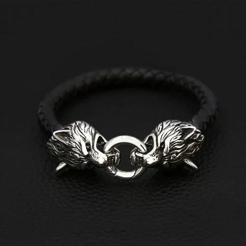 Viking Wolf Head Leather Cord Bracele
