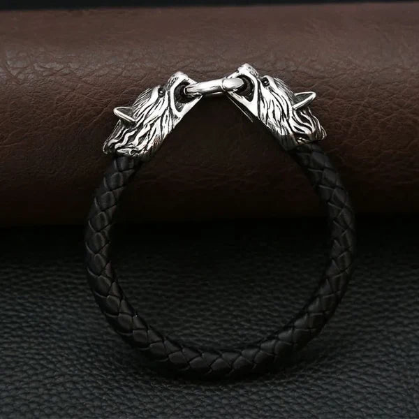 Viking Wolf Head Leather Cord Bracele