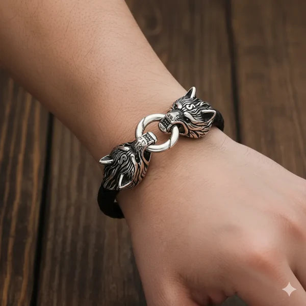 Viking Wolf Head Leather Cord Bracele