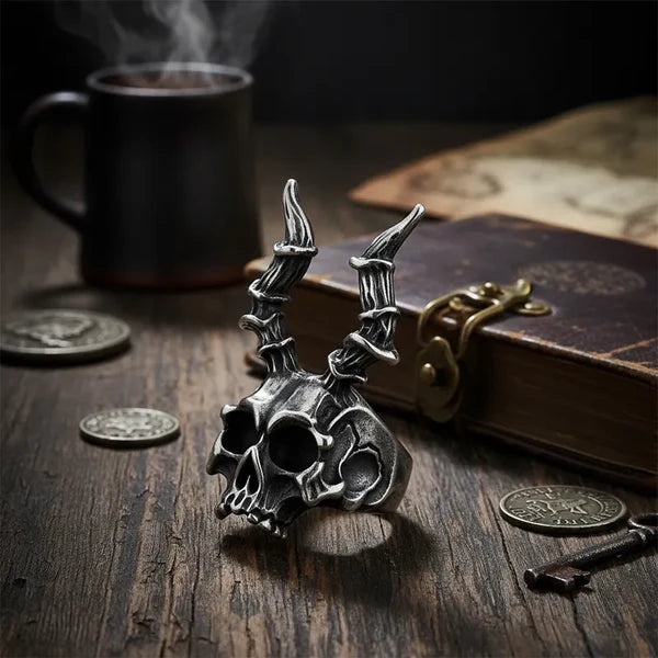 Vintage Punk Ram's Horn Skull Ring