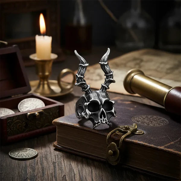 Vintage Punk Ram's Horn Skull Ring