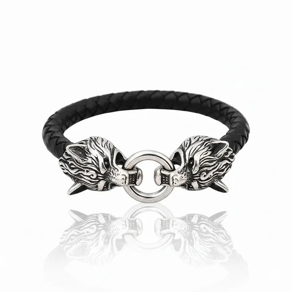 Viking Wolf Head Leather Cord Bracele