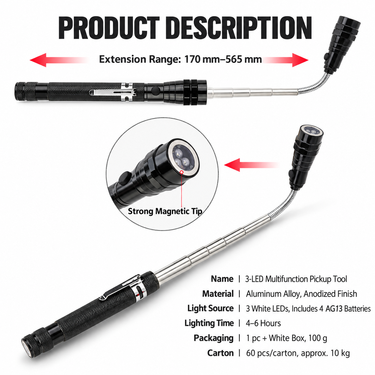 Flexible Magnetic Pickup Tool with LED Light
