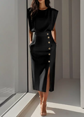 Elegant Padded Shoulder Midi Dress