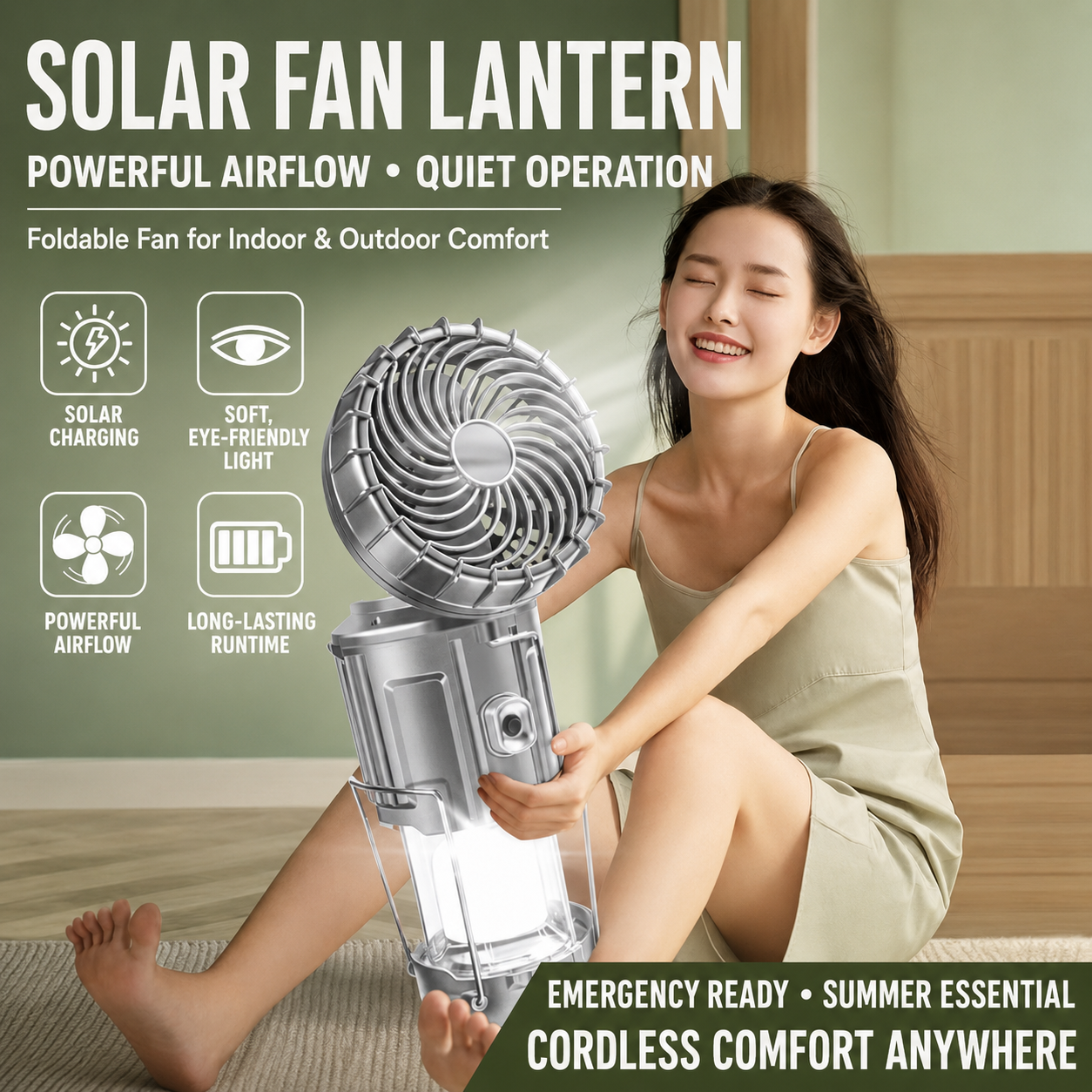 3-in-1 Solar Rechargeable Camping Fan & LED Lantern