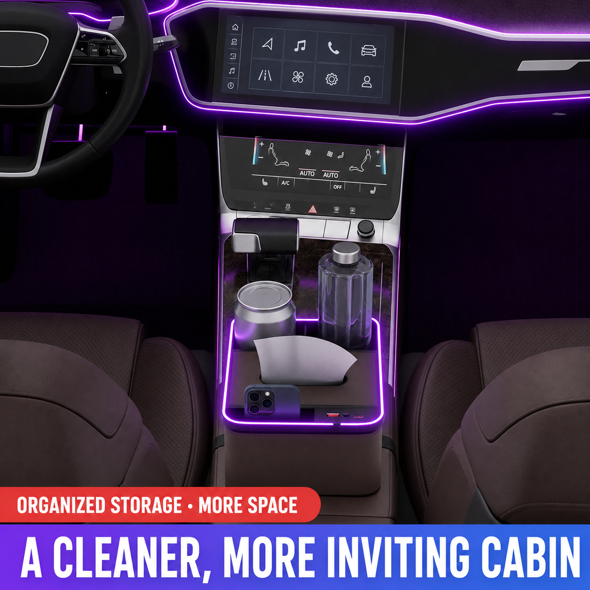 Universal Car Center Console Storage Box with LED Light