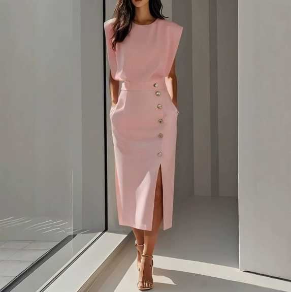 Elegant Padded Shoulder Midi Dress