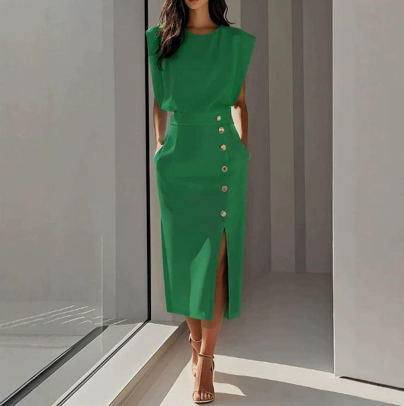 Elegant Padded Shoulder Midi Dress