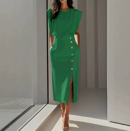 Elegant Padded Shoulder Midi Dress