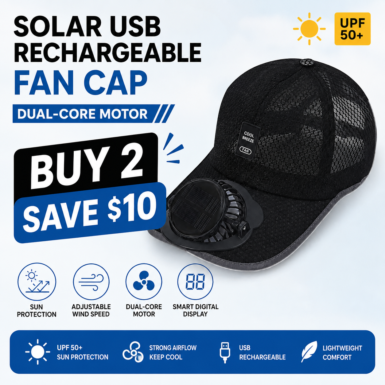 Solar-powered cooling fan hat