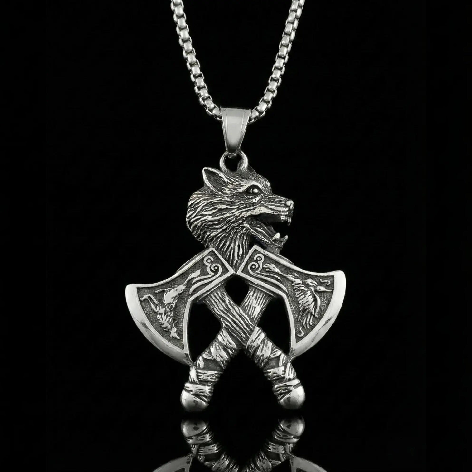 Viking Double Hatchet Wolf Head Stainless Steel Pendant Necklace