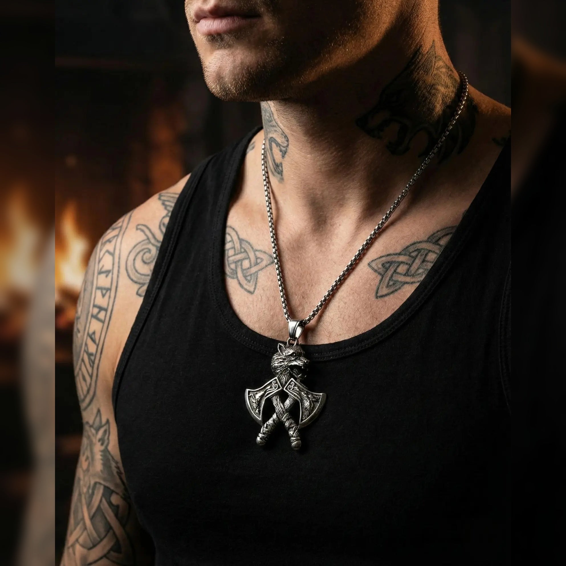 Viking Double Hatchet Wolf Head Stainless Steel Pendant Necklace