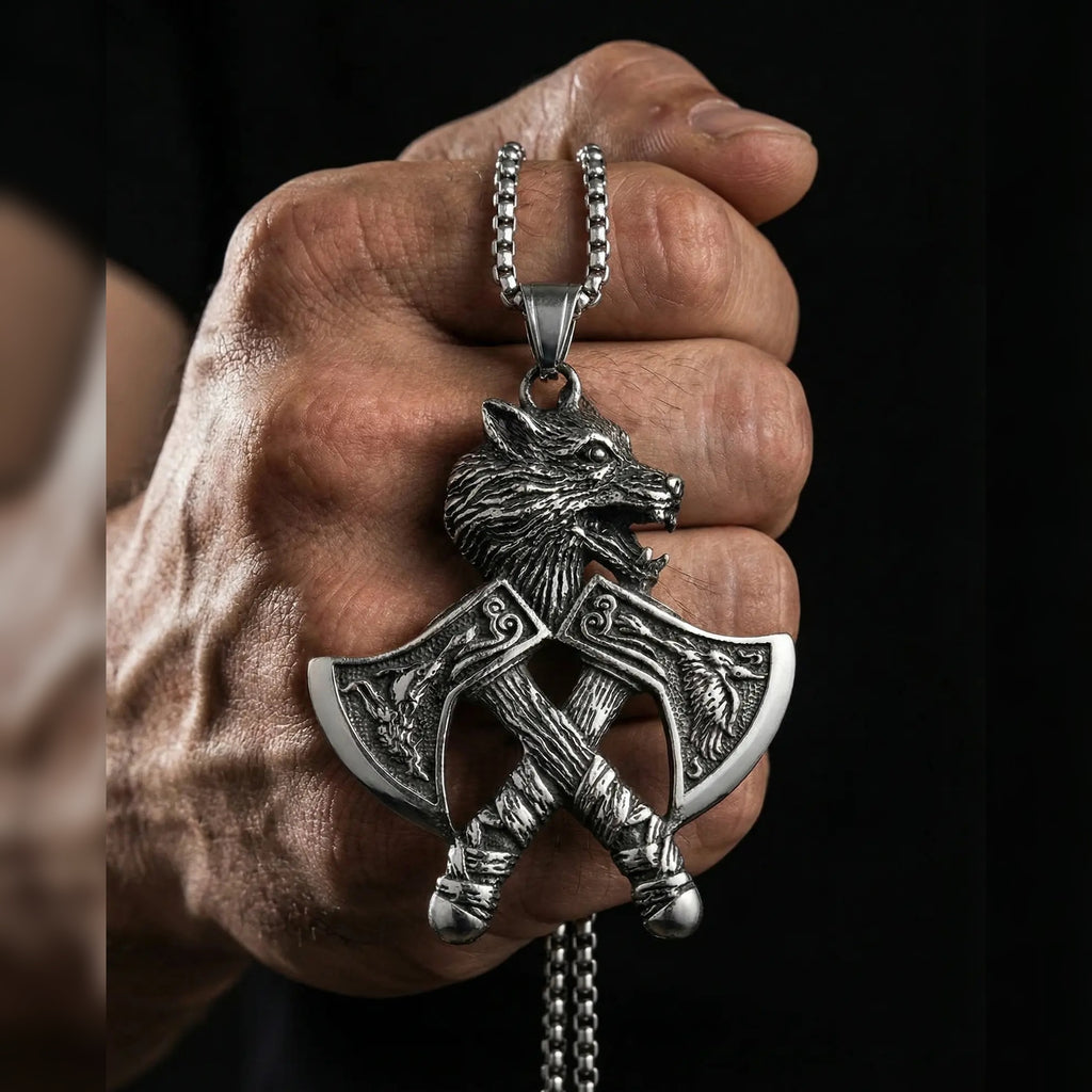 Viking Double Hatchet Wolf Head Stainless Steel Pendant Necklace