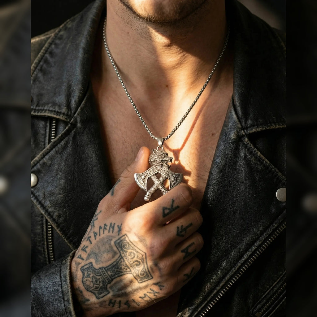Viking Double Hatchet Wolf Head Stainless Steel Pendant Necklace